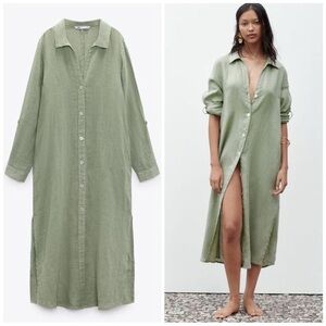Zara - Linen Green Button-Up Long Shirt Dress